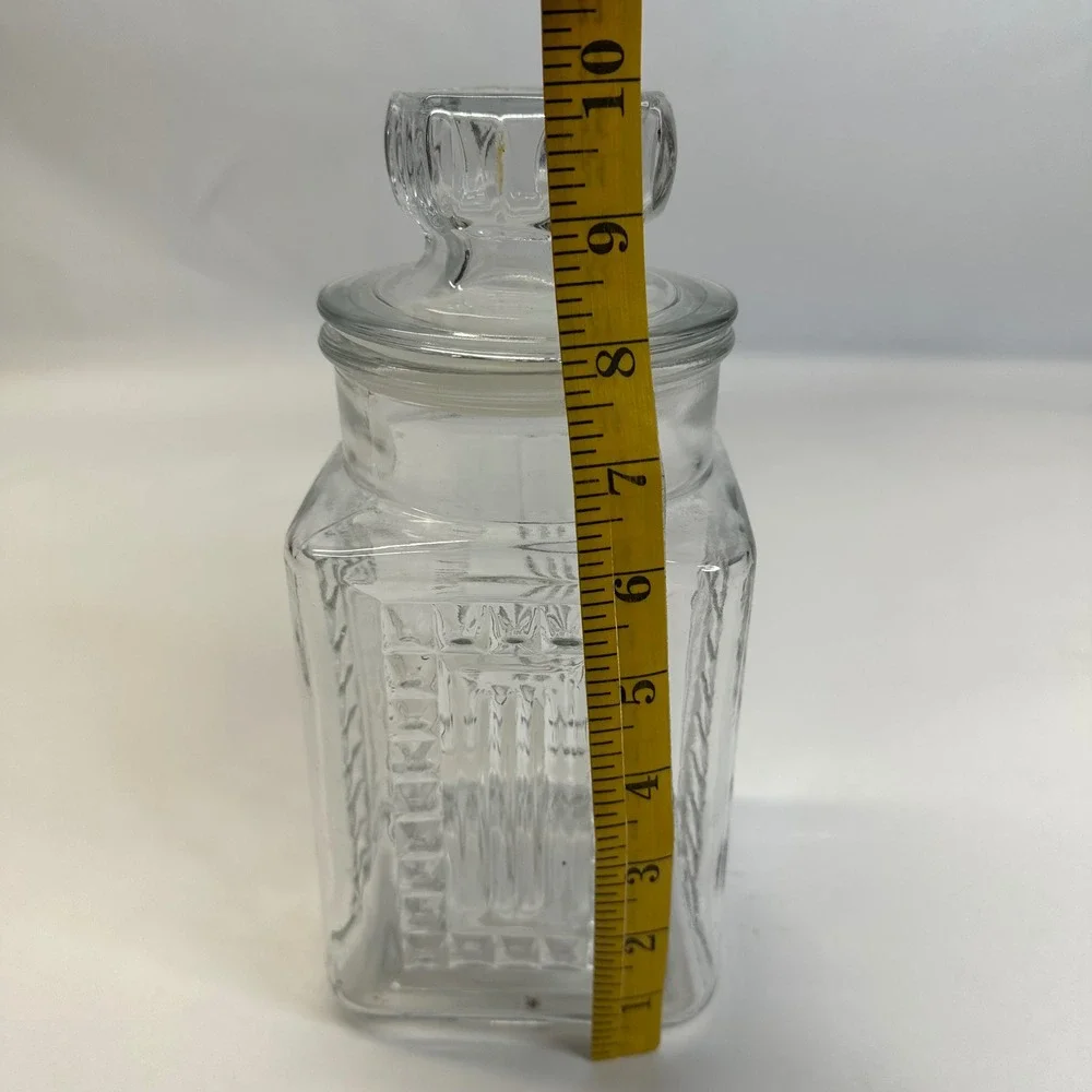 Vintage Clear Glass Square Apothecary Jar with Hexagonal Lid Embossed Detail